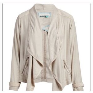 Anthropologie taupe linen blend open front jacket small travel utility lagenlook